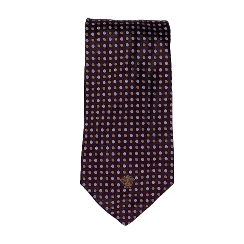 GIANNI VERSACE Neck Tie Silk Made in Italy Brown‎ Polka Dots Circles MEDUSA Mens